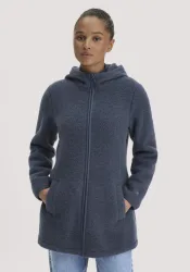 hessnatur Damen Wollfleece-Jacke mit Kapuze Regular aus Bio-Merinowolle - blau - Größe S