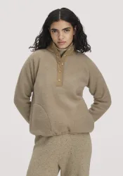 hessnatur Damen Wollfleece Troyer Patch Relaxed aus Bio-Merinowolle - beige GrösseXXL