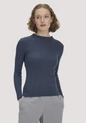 hessnatur Damen Strick Pullover Fitted aus TENCEL? Lyocell mit Bio-Baumwolle - blau - Größe S