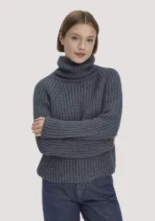 hessnatur Damen Strick Rollkragenpullover Relaxed aus Alpaka mit Bio-Baumwolle - blau GrösseS