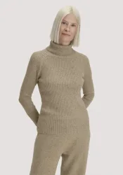 hessnatur Damen Strick Rollkragenpullover Slim aus Bio-Baumwolle mit recycelter Wolle - beige - Größe S
