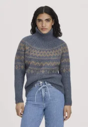 hessnatur Damen Rollkragenpullover Relaxed aus Alpaka und Bio-Baumwolle - blau - Größe S