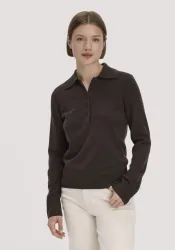 hessnatur Damen Polo-Pullover Regular aus Bio-Schurwolle mit Cahsmere - braun - Größe M