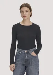 hessnatur Damen Longsleeve Slim aus Bio-Schurwolle und TENCEL? Lyocell - schwarz - Größe 40