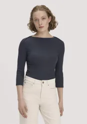 hessnatur Damen Boatneck Longsleeve Slim aus Bio-Baumwolle - blau - Größe 34