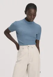 hessnatur Damen Mock-Neck Shirt Slim aus Bio-Baumwolle - blau - Größe 38