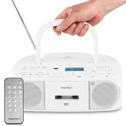 MEDION LIFE DRX-1 Plus Boombox weiß, DAB+/PLL-UKW-Stereo Radio, Bluetooth® 5.4, CD-Kassetten-Radio mit MP3-Wiedergabe, USB Anschluss, CD-R/RW kompatibel, AUX-In, 2 x 3 W RMS