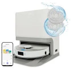 MEDION Saugroboter mit 3-in-1 Absaugstation X55 SW+, Wischfunktion, rotierende und bewegliche Wischmopps, Lasernavigation, Hinderniserkennung durch Kreuzlinienlaser, starke 10.000 Pa Saugkraft, präzise Kartenerstellung