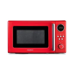 MEDION Retro-Mikrowelle MD 15000, rot, 800 W Leistung, 20 L kompakt, 5 Mikrowellenstufen, Auftaufunktion, Timerfunktion, stilvolles Retro-Design