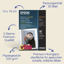 EPSON Premium Glossy Photo 13x18cm S042154 InkJet, 255g 30 Blatt