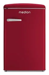 MEDION LIFE® Retro-Kühlschrank mit Gefrierfach MD 37790 Velvet Rouge, 108 L Gesamtnutzinhalt, 37 dB, höhenverstellbare Füße, Energieeffiziensklasse D