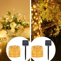 2er-Set Kupferdraht Lichterkette, solarbetrieben, 22 m, 200 warmweisse LEDs, IP44