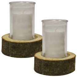 2er-Set Dekoratives Windlicht auf Echtholzsockel mit Kerze, Ø 10 x 13,5 cm, Ø 15 x 4 cm