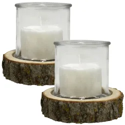2er-Set Kerzenglas auf Holzsockel, Windlicht Natur, weiss, Ø 13 x 13 cm, Ø 18 x 4 cm