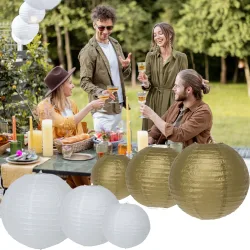 Papier-Lampions, 6 Stück in 3 Grössen, weiss & gold