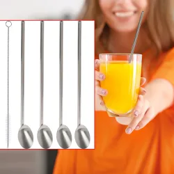 2in1-Trinkhalm-Löffel aus Edelstahl, 5-teilig inkl. Reinigungsbürste