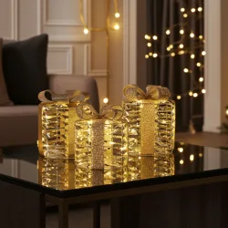 LED-Geschenke, 3 Stück, Goldfarben, warmweiss, 15/20/25 cm, mit Timer