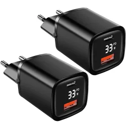 2er-Set Ladegerät, Lade Adapter, Dual Port, USB-C und USB-A, Schnellladegerät, schwarz