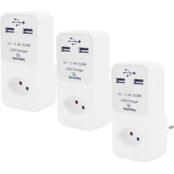 3er-Set Steckdose mit 2x USB-Ladeport 2.4A Überspannungsschutz, Swiss-Edition