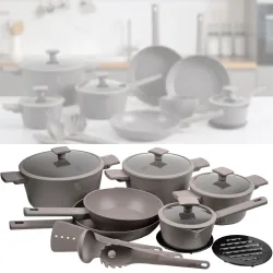 Design Kochset inkl. Kochbesteck & Untersetzer, 15-teilig, taupe