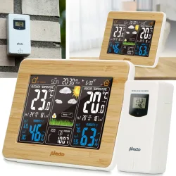 Wetterstation mit kabellosem Aussensensor bis 100 m, beleuchtetes Display mit Bambusrahmen