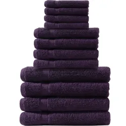 Handtuchset 12-teilig, je 4 Gäste-, Hand- und Badetücher, 100% Baumwolle, aubergine