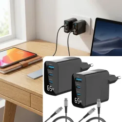 2er-Set USB Ladegerät mit Ladekabel, 3 Ports, 2x Typ-C & 1x Typ-A, 65 Watt, schwarz