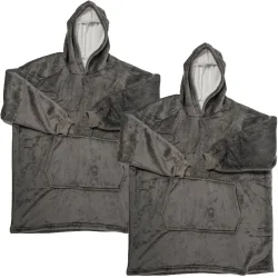 2er-Set XXL Kuscheldecke mit Ärmeln, Kapuze & Bauchtasche, grau