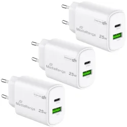 3er-Set Dual Schnellladeadapter, GaN, 1x USB-C und USB-A, PD & QC, 25 Watt, weiss