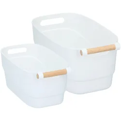 Aufbewahrungsboxen Set, 2 Grössen, Kunststoff mit Bambus-Griff, weiss