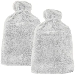 2er-Set Wärmflasche mit flauschigem Plüsch-Bezug, 1,6 Liter, hellgrau