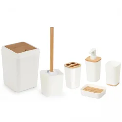 Badezimmer Zubehör Set, 6-teilig, weiss mit Bambus