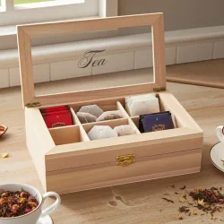 Teebeutelbox aus Holz mit 6 Fächern und transparentem Deckel