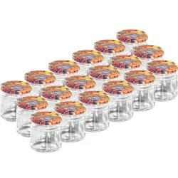 18er-Set Einmachgläser mit Schraubdeckel, Konfiglas mit Früchte-Muster, je 315 ml