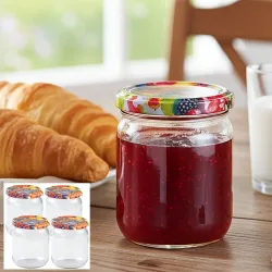 4er-Set Einmachgläser mit Schraubdeckel, Sturzgläser mit Früchte-Muster, je 540 ml