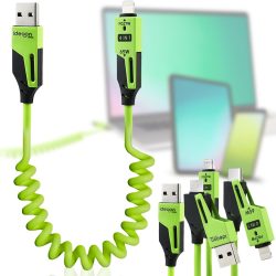 4in1 Spiral Ladekabel, USB-C & Lightning, grün, 65 W