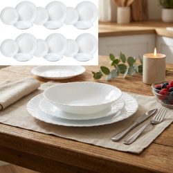 18-teiliges Geschirr-Set aus Glas, weiss, wellenförmiger Rand