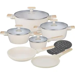 Kochset m. marmorierter Antihaftbeschichtung, 12-teilig, beige