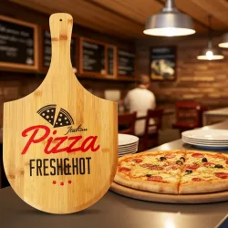 Pizzabrett aus Bambus mit Aufdruck, Pizzateller, Pizzaschieber 53,5 x 30,5 cm