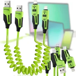 2er-Set 4in1 Spiral Ladekabel, USB-C & Lightning, grün, 65 W