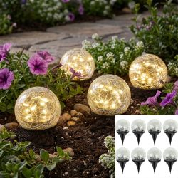 8er-Set Solar-Kugelleuchten Crackle Glas mit Erdspiess