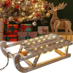 Dekorativer Leuchtschlitten aus Holz mit 50 warmweissen LEDs, 24 x 16 x 50 cm
