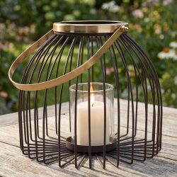 Metall-Windlicht mit Glaseinsatz, 22 x 19,5 cm, braun-gold