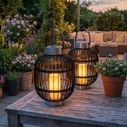 2er Set Solar-Gartenampel in Rattan-Optik, inkl. weisser LED Kerze, 35 x 45 cm