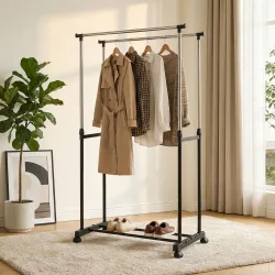 Doppel Kleiderständer, mit Rollen, Kleiderstange ausziehbar 90 cm- 160 cm