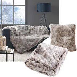2er-Set Kuscheldecke 180x220cm & Dekokissen 45x45cm in Felloptik, schokobraun