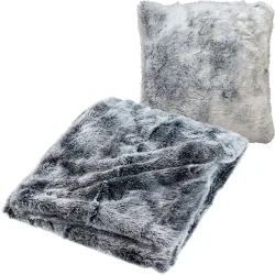2er-Set Kuscheldecke 180x220cm & Dekokissen 45x45cm in Felloptik, grau