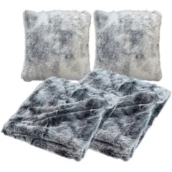 4er-Set Kuscheldecken 180x220cm & 125x150cm & 2 Dekokissen 45x45 cm Felloptik, grau