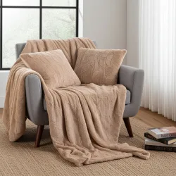 4er-Set Sofadecken 180x220cm & 125x150cm und 2 Kuschelkissen 45x45 cm, sandfarbe