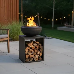2-in-1 Feuerschale mit Holzfach, Feuerstelle & Plancha Grill, 51,5 x 51,5 x 85 cm